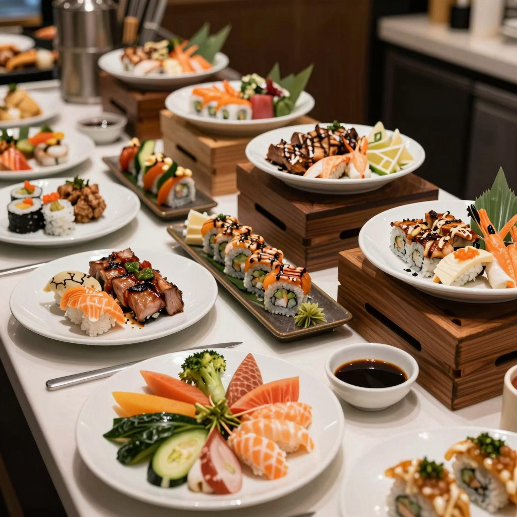 A visually appealing buffet setup at Hibachi Supreme Buffet showcasing a variety of food options such as sushi, grilled meats, vegetables, and desserts.