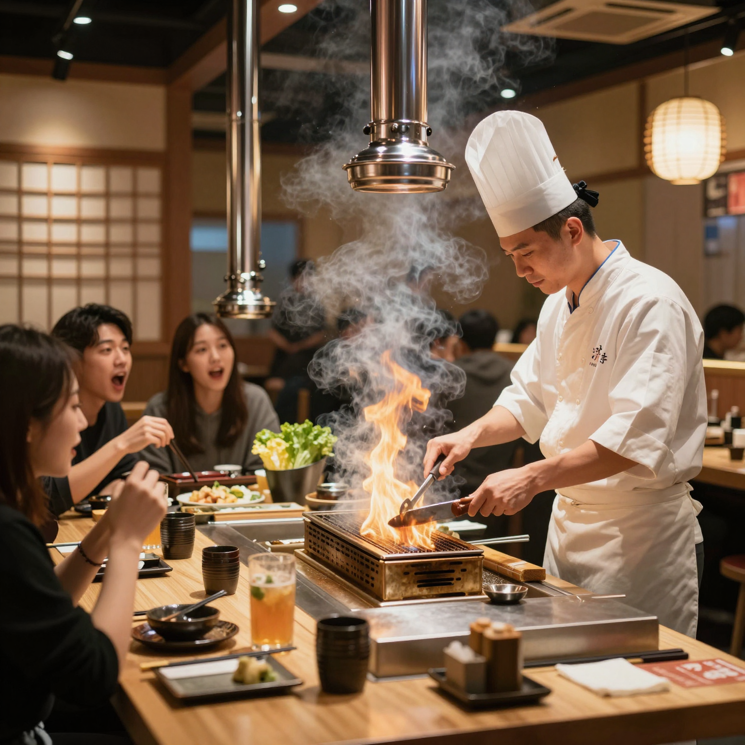 Hibachi chef performing tableside grilling for an engaged audience of diners