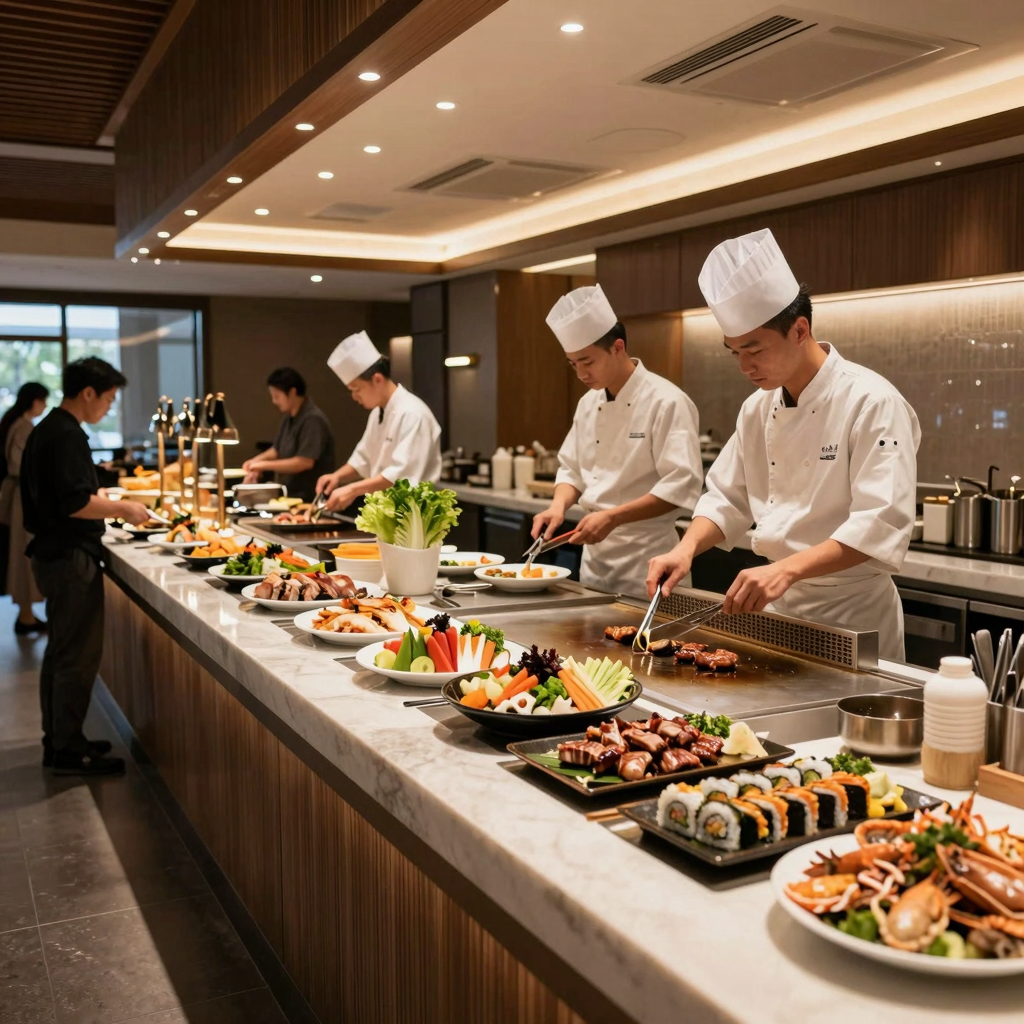 Upscale hibachi buffet restaurant interior with sizzling grill stations