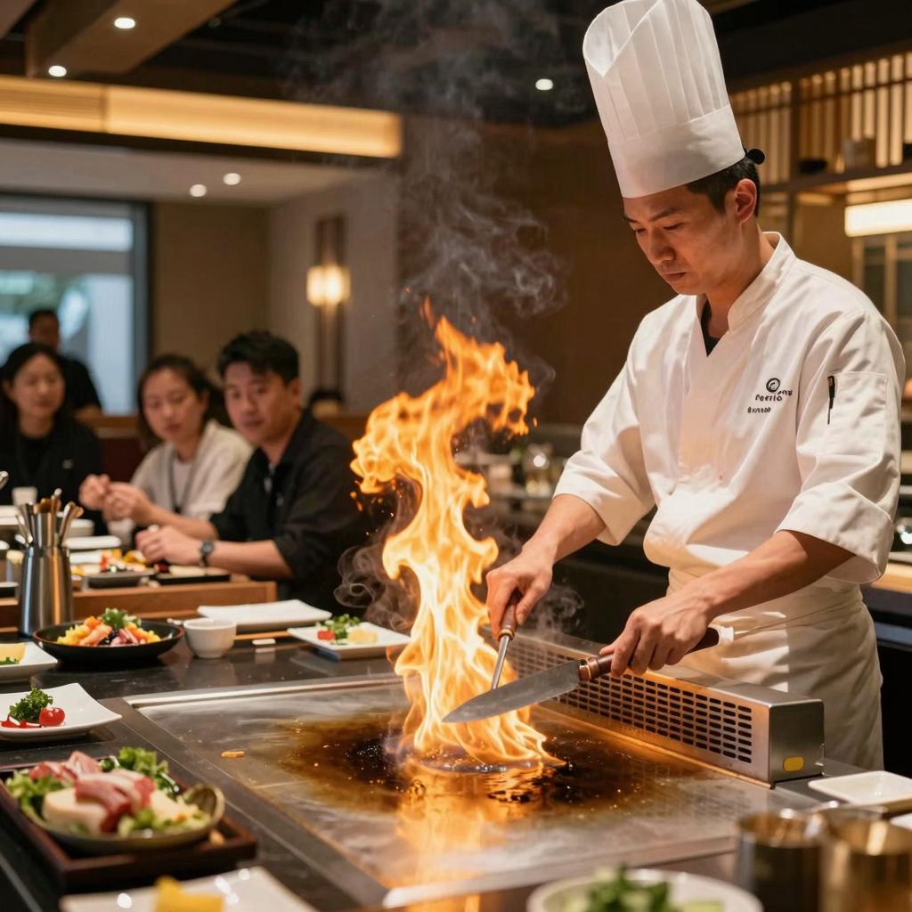 Hibachi chef performing at a buffet grill station