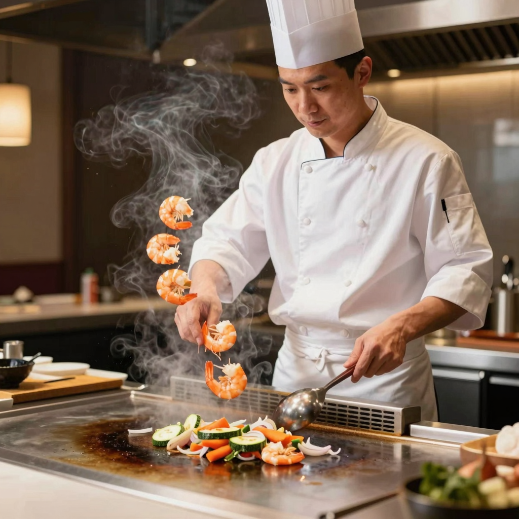 Vibrant hibachi chef tossing shrimp on a sizzling flat-top grill