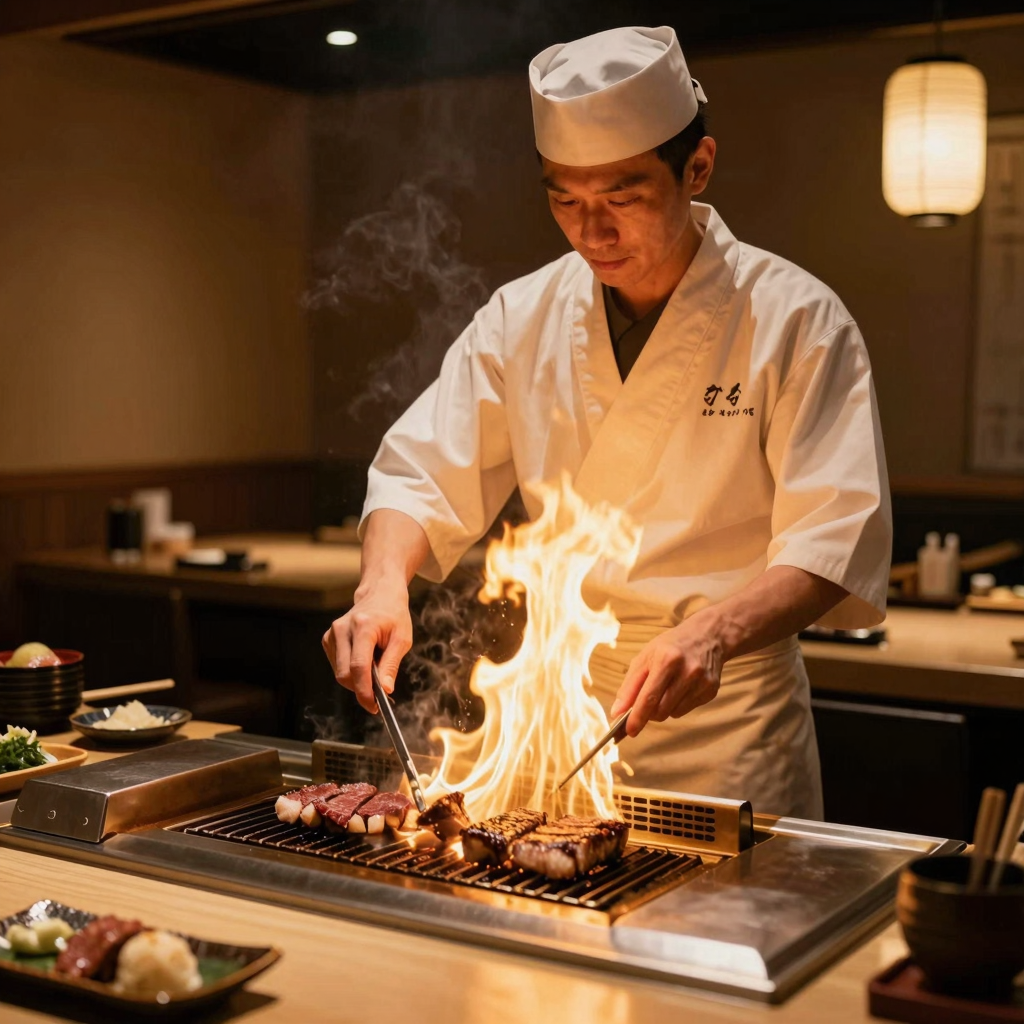 Hibachi chef performing a dramatic flame show at the grill