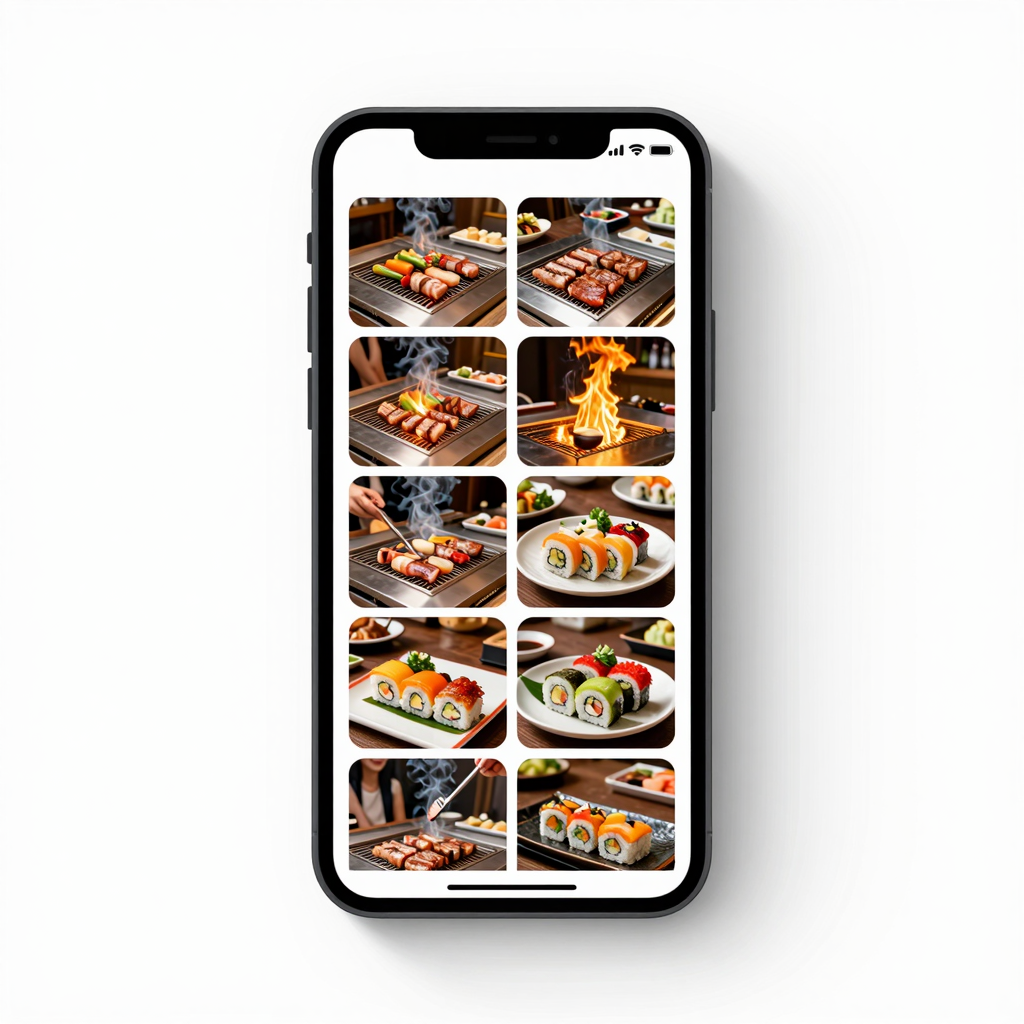 Smartphone mockup showing a social media grid of vibrant hibachi food photos - flames, grilled meats, sushi platters, and happy diners