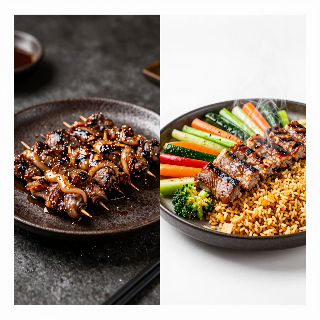Before-and-after comparison of hibachi food photography showing poor lighting vs. professional presentation