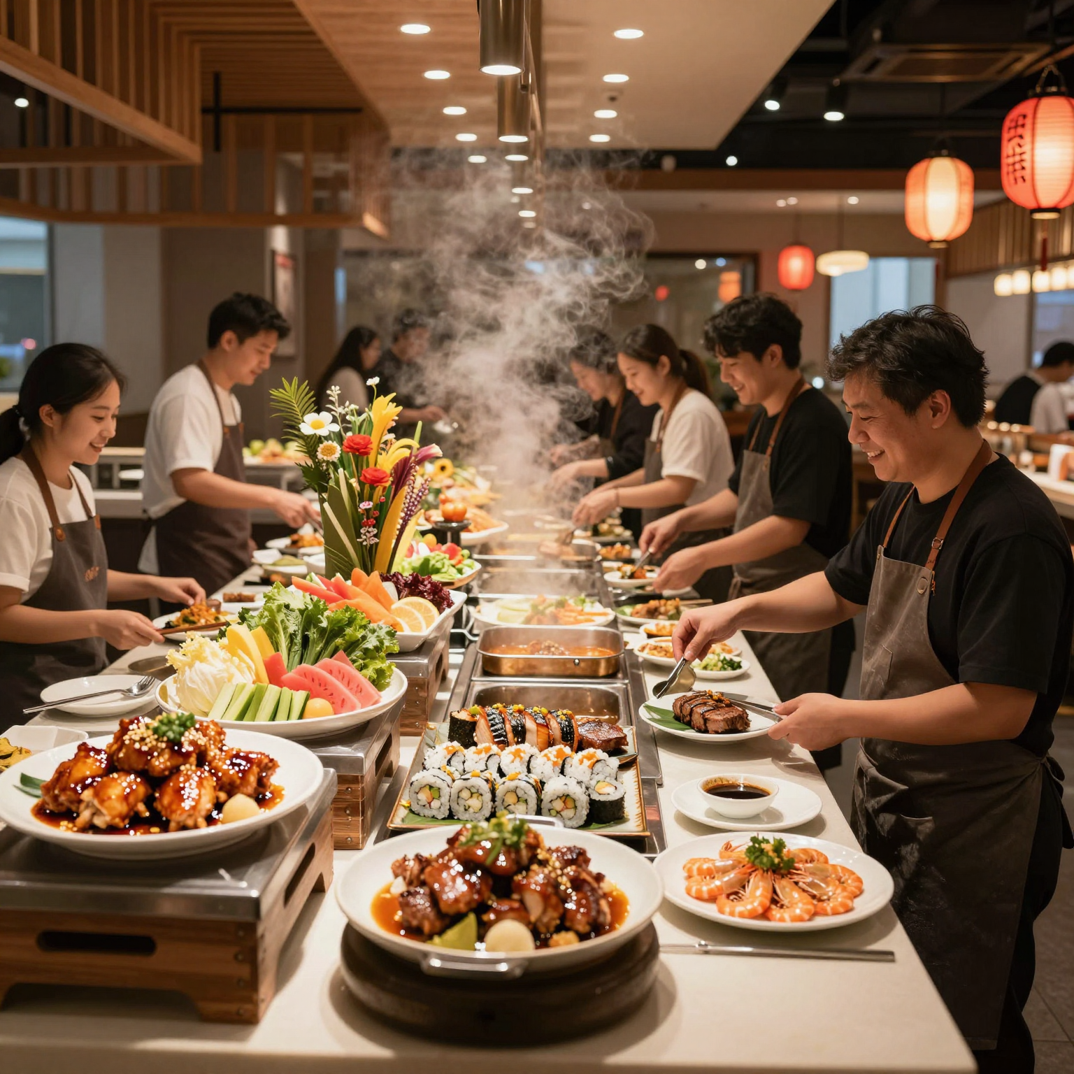 A bustling hibachi supreme buffet restaurant with sizzling grill stations and colorful food displays
