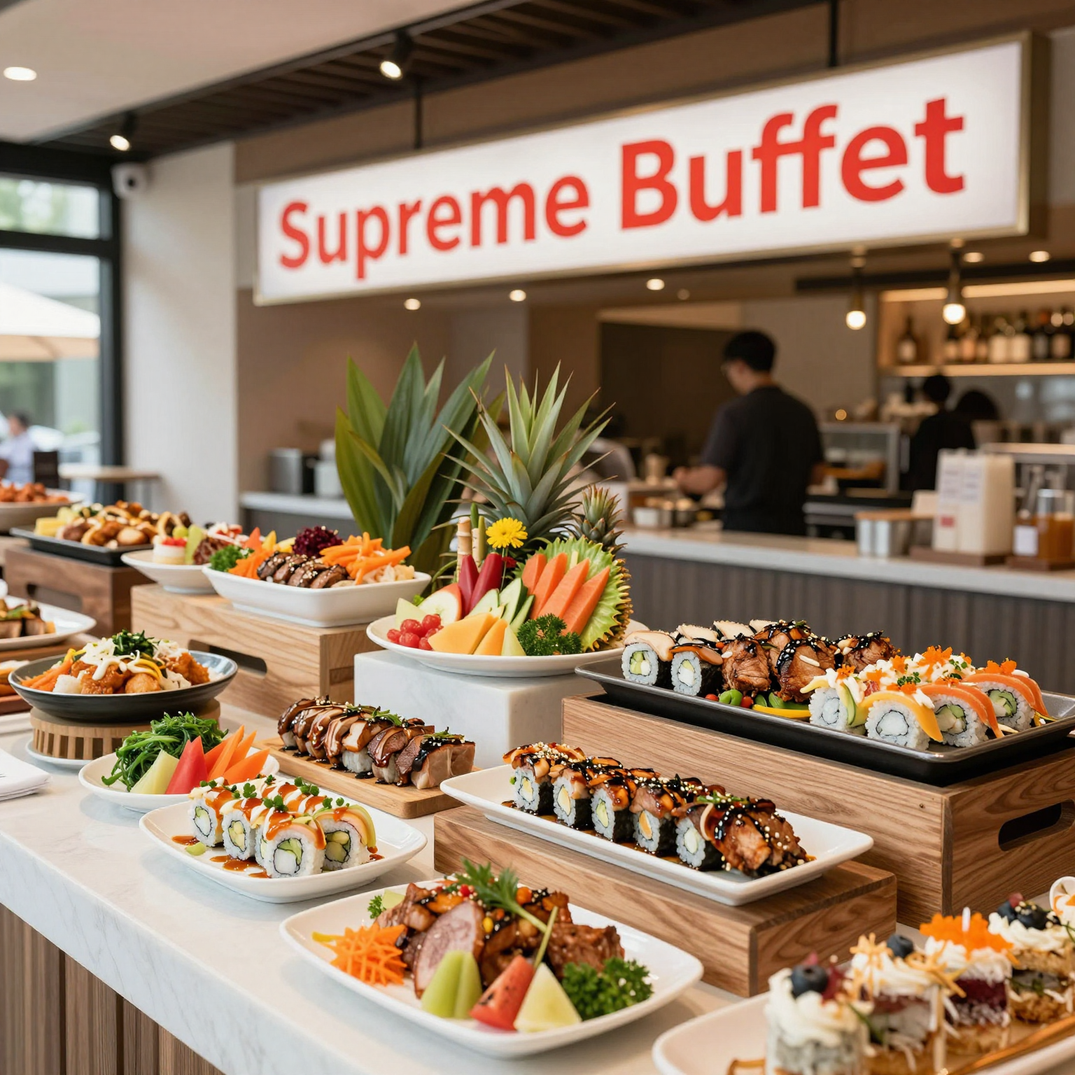A vibrant buffet spread at Supreme Buffet, showcasing a variety of colorful dishes including sushi, grilled meats, fresh vegetables, and desserts.