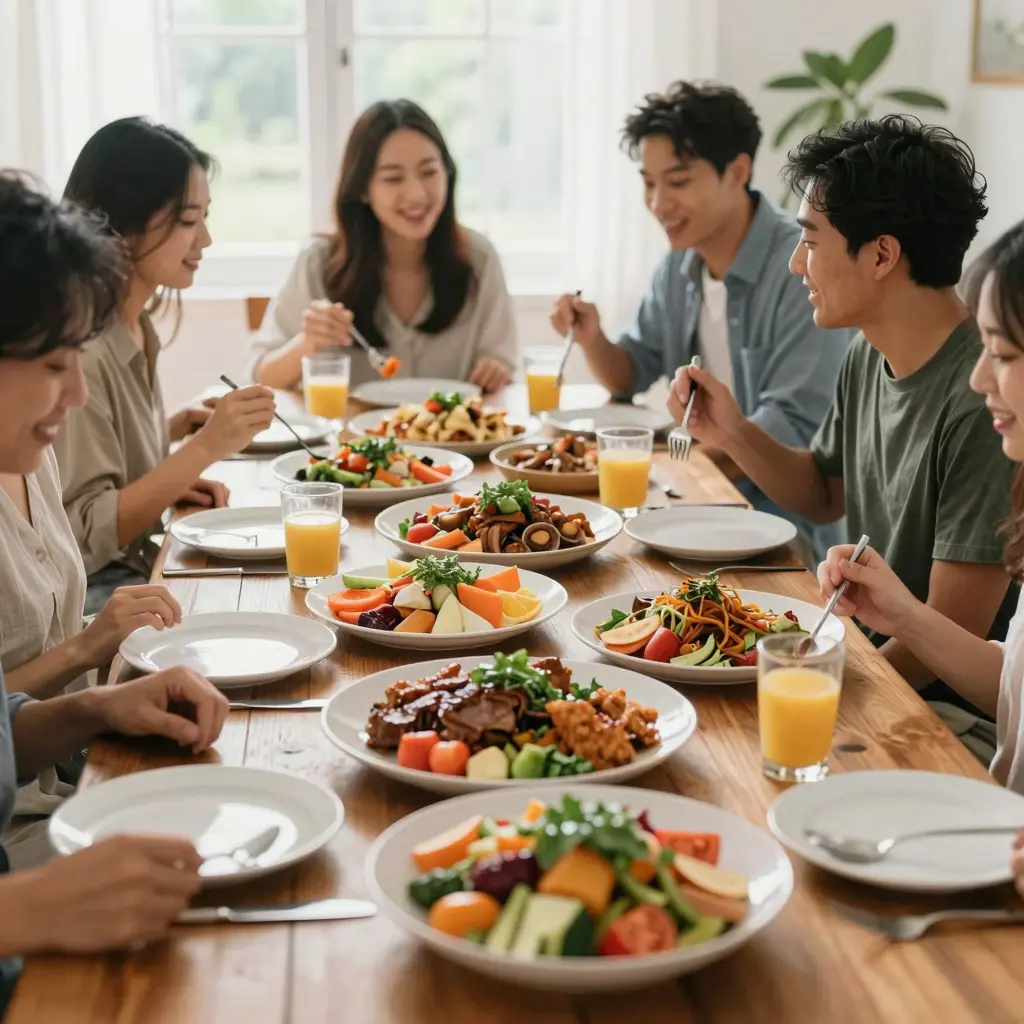 A variety of Asian and American dishes showcased on a buffet table, reflecting a vibrant and inviting dining experience.