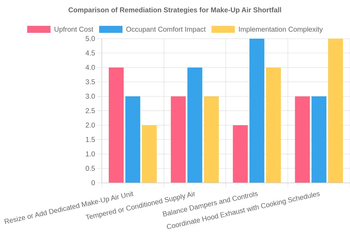 Grouped bar chart comparing the four remediation strategies across upfront cost, occupant comfort impact, and implementation complexity on a scale of one to five.