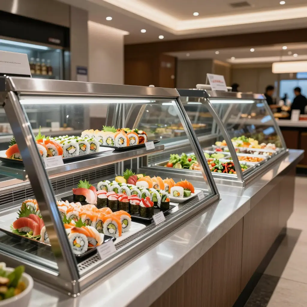 Refrigerated display case with sushi and a stainless-steel salad bar along a high-volume buffet line