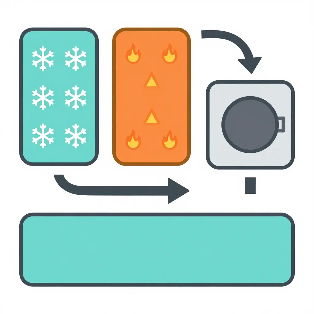 Minimalist 2D workflow diagram of a high-volume buffet line showing cold display zone, hot holding zone, live hibachi cooking station, and the replenishment path flowing from the back kitchen