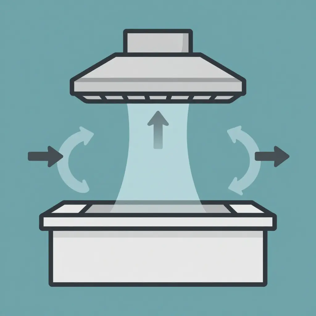 two-dimensional diagram of exhaust and make-up air flow around a buffet island hibachi station