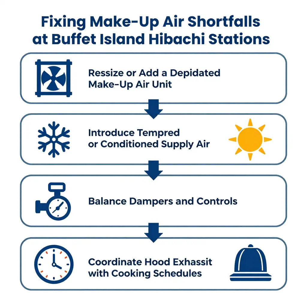 Four-step flow diagram showing how to fix a make-up air shortfall: resize or add a dedicated make-up air unit, introduce tempered supply air, balance dampers, and coordinate hood exhaust with cooking schedules.