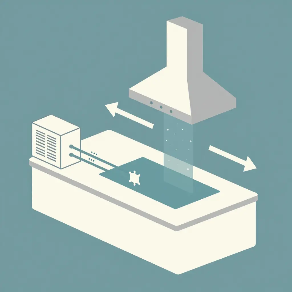 two-dimensional schematic of a balanced make-up air and exhaust system for a hibachi buffet island