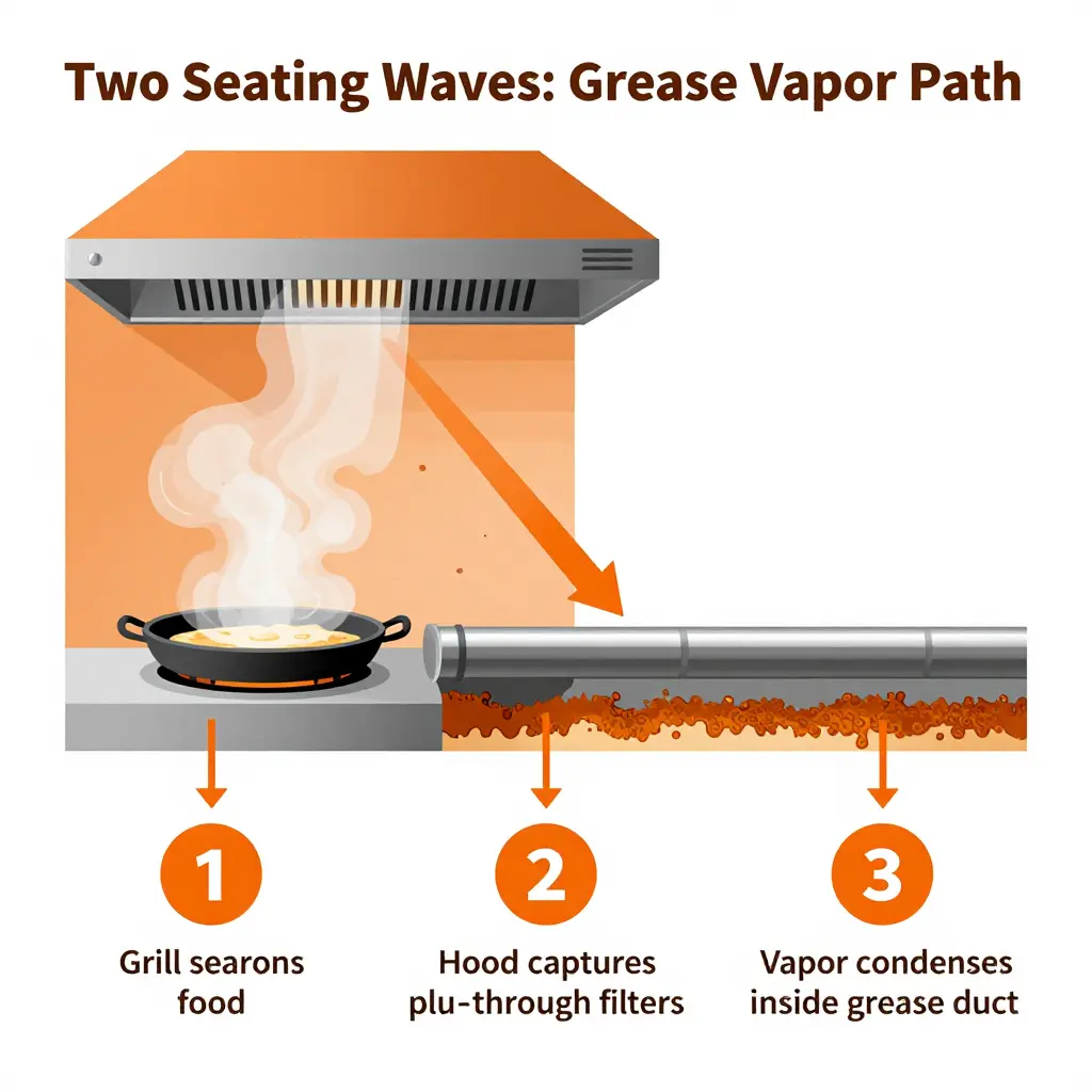 Diagram showing grease vapor traveling from a teppan grill into an hibachi exhaust hood and then into a grease duct