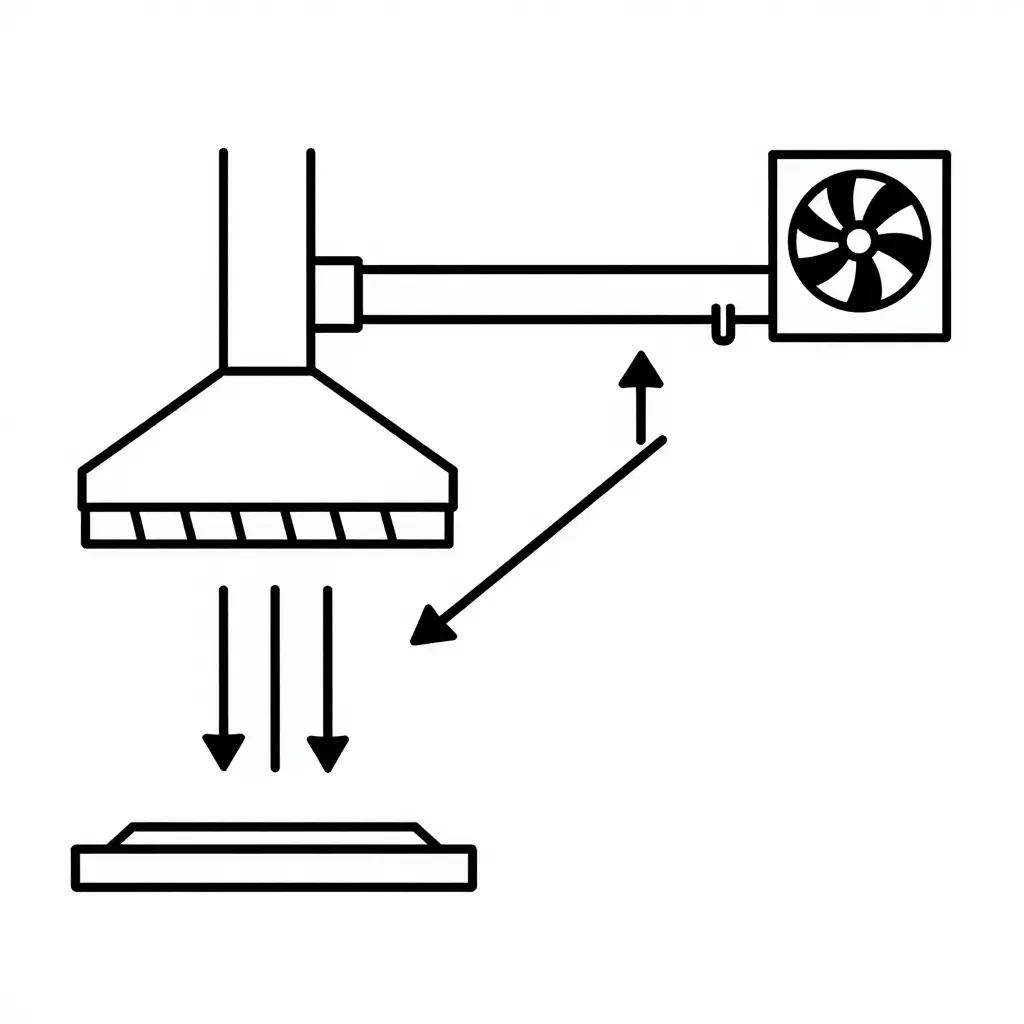 Flat 2D schematic illustration of a buffet hibachi exhaust grease duct system showing the airflow path from the teppan grill up through the hood and grease filters, along a vertical and horizontal duct run, and out through a rooftop exhaust fan