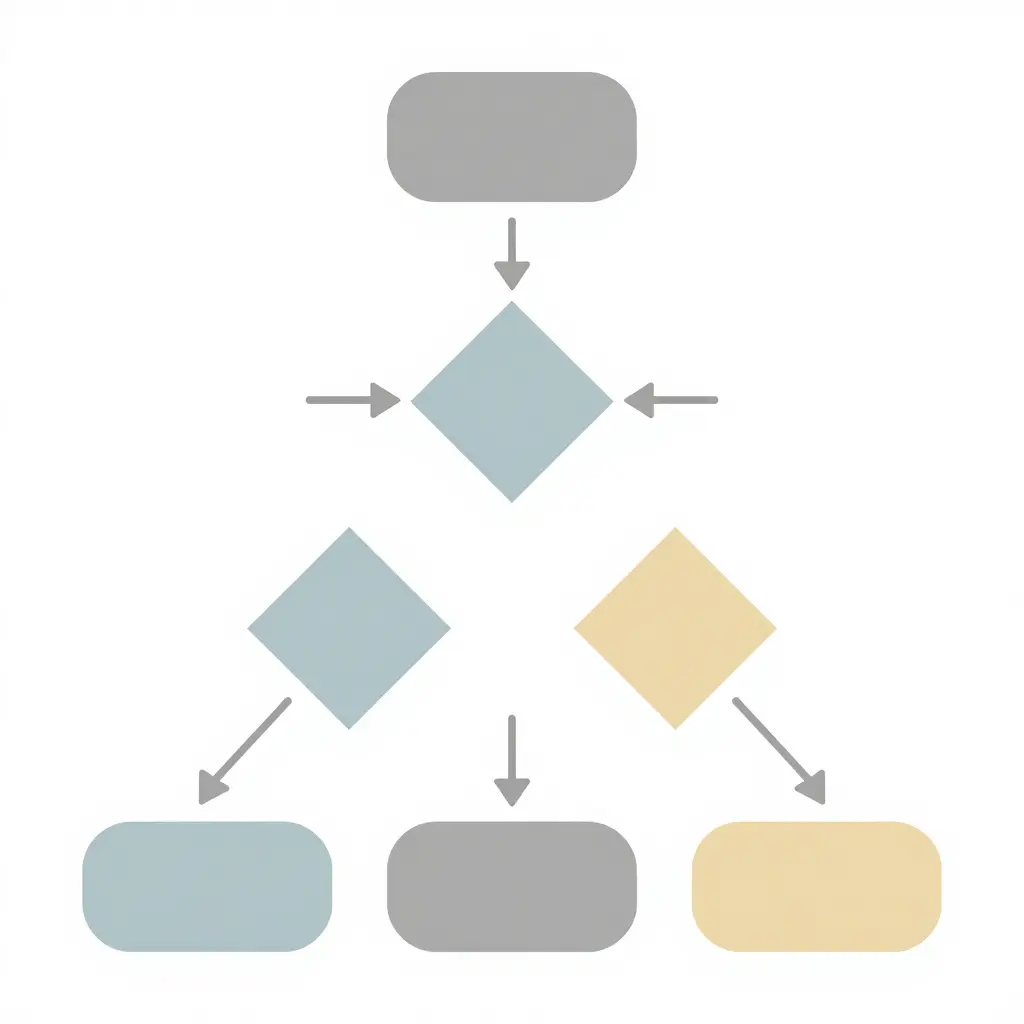 A minimal flat 2D decision flow diagram that shows how to choose a grease duct cleaning interval. One start node sits at the top, an arrow leads to a first decision diamond, two branches lead to two more decision diamonds, and plain arrows fan out to three outcome nodes along the bottom row, all drawn with simple shapes and arrows on a white background.