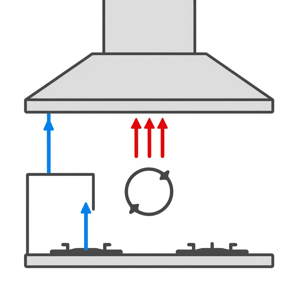 Flat 2D schematic diagram of a hibachi exhaust hood makeup air balance system showing upward exhaust airflow, a makeup air supply path, and a circular flow-balance icon