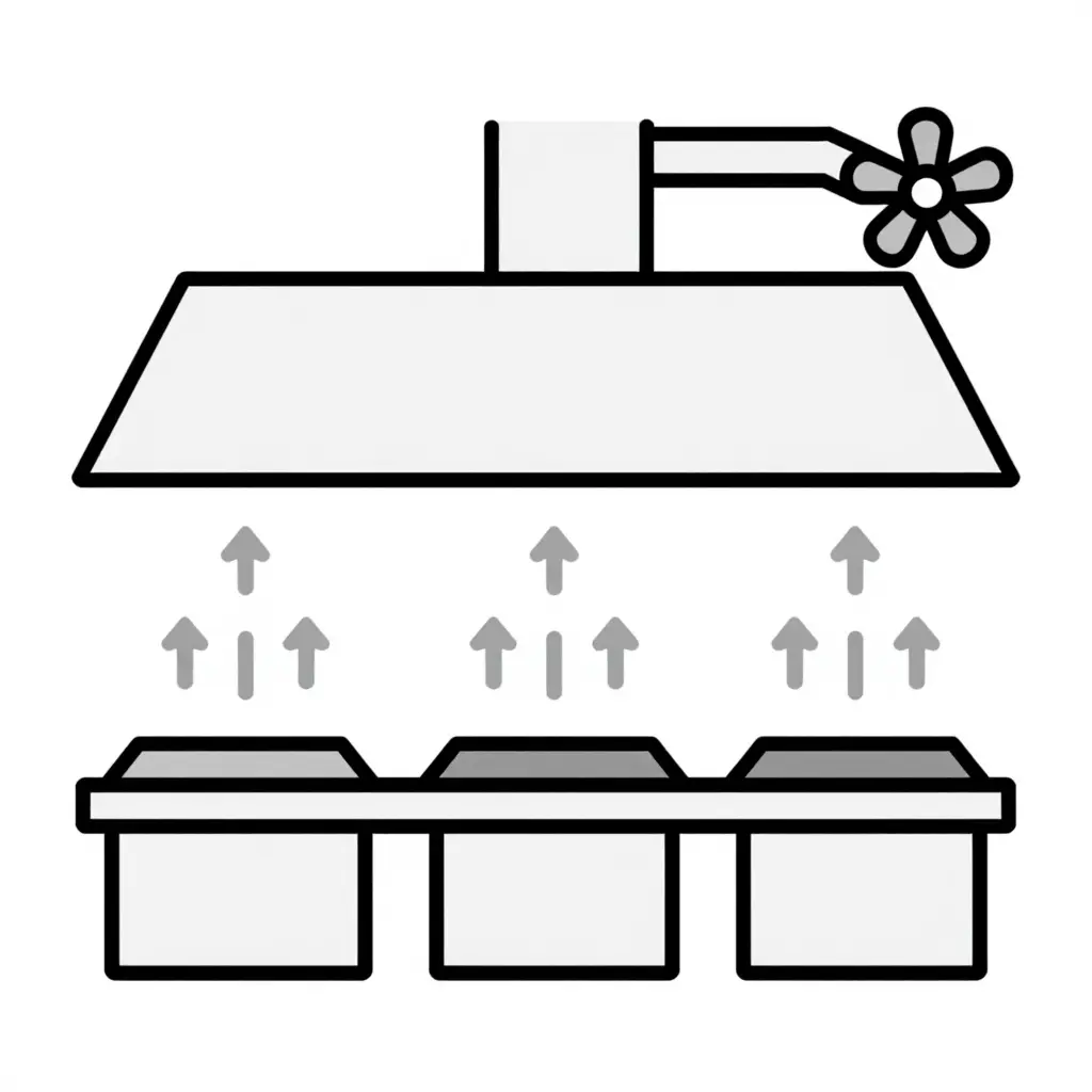 Flat 2D schematic diagram showing a shared hibachi exhaust hood above three grill stations, with upward airflow arrows and a single duct leading to one fan